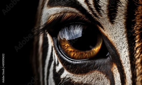  a close up of a zebra s eye with a black and white pattern on the side of the eye and a yellow eyeball in the center of the eye.  generative ai