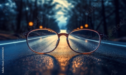  a pair of glasses sitting on the side of a road in the middle of the night with a blurry image of trees in the background. generative ai