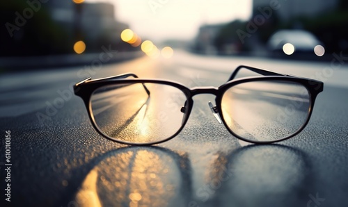  a pair of glasses sitting on the side of a road at sunset or sunrise or sunset, with a blurry street in the background. generative ai