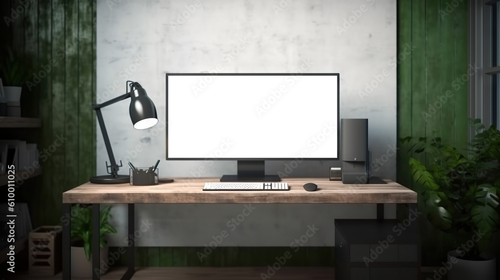 Computer with cut out screen in industrial loft green ecological office interior. Based on Generative AI Computer with cut out screen in industrial loft green ecological office interior. Based on Generative AI
