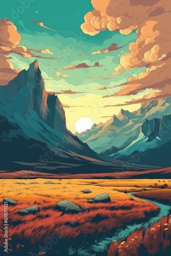 An Illustration of Landscape with Mountain Background - Prairiecore and Realistic Color Schemes Backdrop - Landscape Art Illustration created with Generative AI Technology