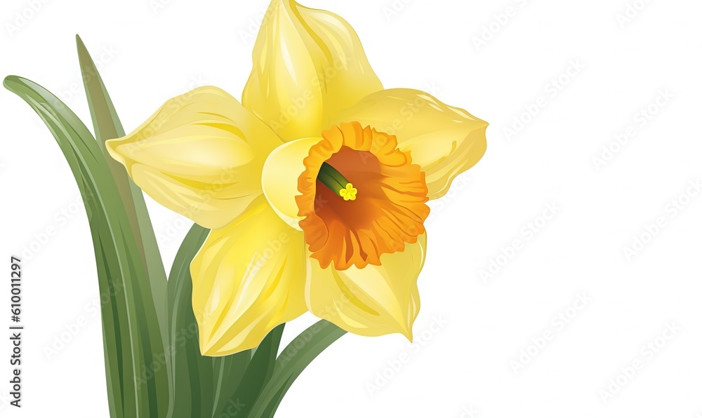 Obraz premium a yellow daffodil flower with a green stem on a white background with a green stem in the center of the flower and a yellow center of the flower. generative ai