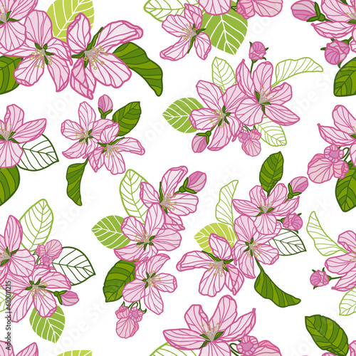 Line art apple tree blossom  vector seamless pattern. Spring floral background.