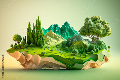 Land with mountain isolated , Piece of earth land green field , Created with generative AI photo