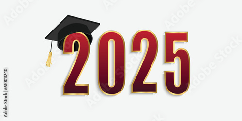 2025 red and gold numbers with graduation hat. vector illustration