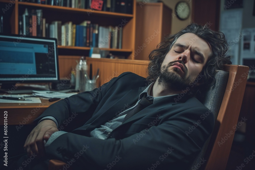 Fototapeta premium Tired man sleeping in the office. Frustration, deadline, depression or low energy concept. Generative AI
