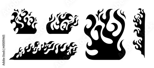 Hand drawn fire illustration on black background for element design. silhouette of flames in set.