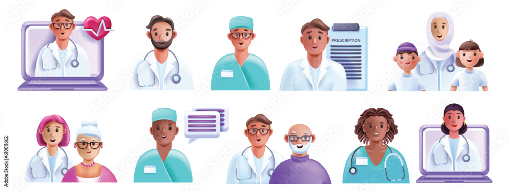 3D doctor patient icon set, cartoon medical vector clinic character, professional diverse team. Healthcare insurance therapy, online hospital service, muslim nurse woman. Doctor patient ambulance 3D doctor patient icon set, cartoon medical vector clinic character, professional diverse team. Healthcare insurance therapy, online hospital service, muslim nurse woman. Doctor patient ambulance