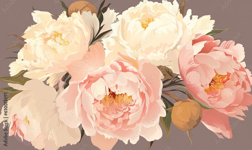  a bunch of flowers that are in a vase on a table with a pink background and a brown background with a white and pink flower in the middle.  generative ai
