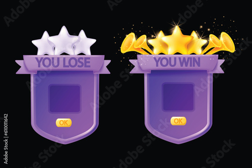 3D game frame UI shield background, vector victory player award, winner level up menu board, stars. Cartoon magic mobile app achievement banner kit, golden cup, wings. Game frame reward prize medal