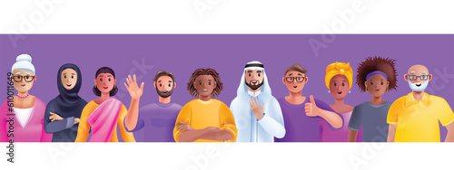 3D diverse people avatar set, person vector group, business multicultural character student crowd. Office team, happy man, smiling woman cartoon society concept. Diverse people community work banner