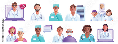 3D doctor patient icon set, cartoon medical vector clinic character, professional diverse team. Healthcare insurance therapy, online hospital service, muslim nurse woman. Doctor patient ambulance