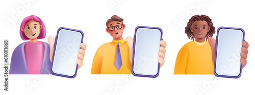 3D man woman smartphone hold set, smiling vector cartoon character with phone, digital SMM manager. Male businessman with cellphone device screen social media concept. Guy girl hold smartphone clipart