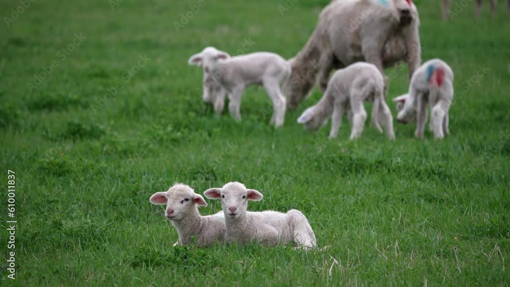 Two lambs sitting next to each other in the grass as other graze behind. Two lambs sitting next to each other in the grass as other graze behind.