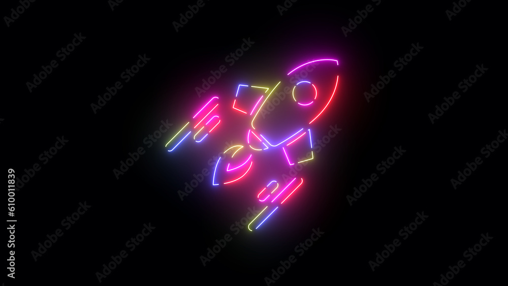 Rocket neon colored icon. Laser vintage effect. Infinite loopable 4K animation