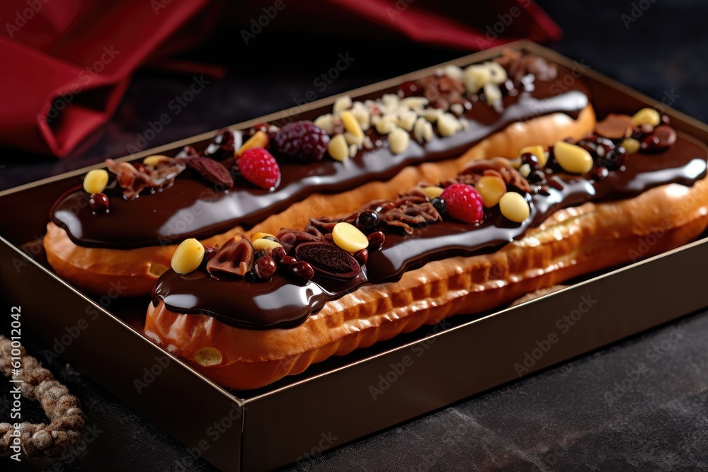 stock photo of a chocolate eclairs and more topping Food Photography AI Generated