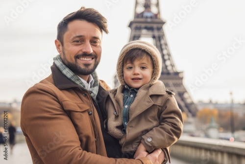 happy father and son in beige trench coat near eiffel tower in Paris