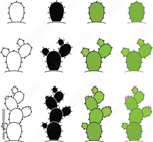 Cartoon Cactus Clipart Set - Outline, Silhouette & Color