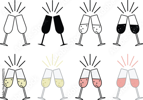 Champagne Glasses Toasting / Cheers Clipart - Outline, Silhouette & Color