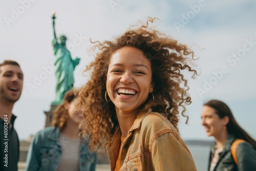 Lifestyle portrait photography of a cheerful woman in her 30s that is smiling with friends in front of the Statue of Liberty in New York USA . Generative AI