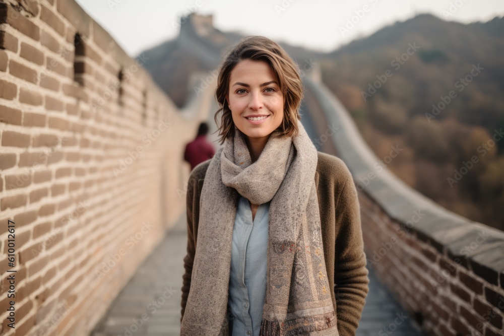 Portrait of a smiling young woman standing on the Great Wall of China Portrait of a smiling young woman standing on the Great Wall of China
