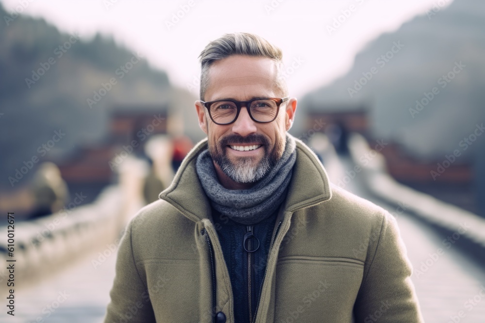 Portrait of a handsome man in glasses and a coat on a background of mountains Portrait of a handsome man in glasses and a coat on a background of mountains