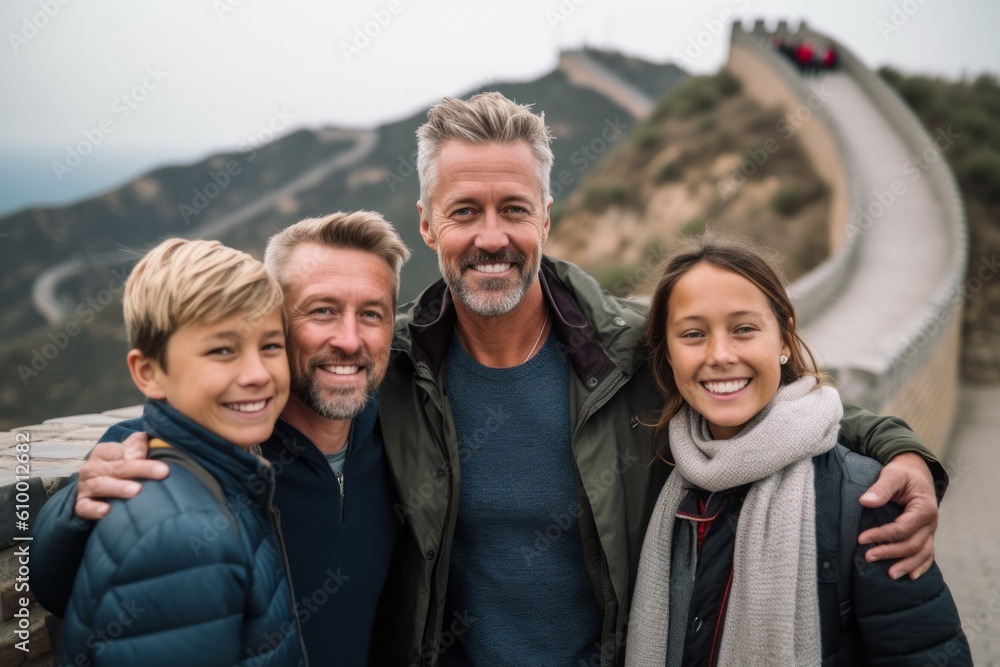 Portrait of happy family standing on the top of a mountain and looking at camera Portrait of happy family standing on the top of a mountain and looking at camera