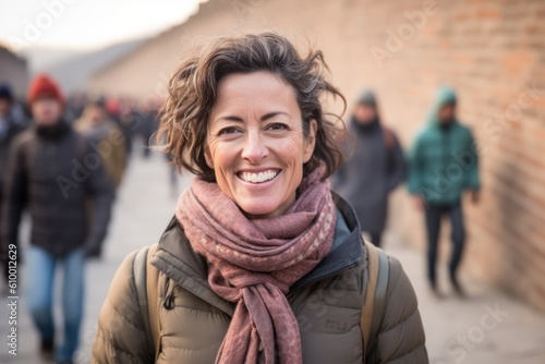 Portrait of happy mature woman smiling at camera on a cold winter day