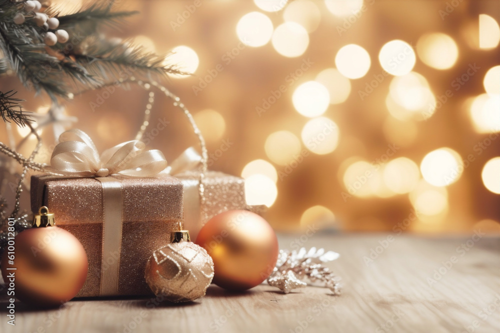 background holiday decoration new christmas tree text year card gold snowflakes christmas. Generative AI. background holiday decoration new christmas tree text year card gold snowflakes christmas. Generative AI.