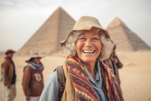 Portrait of happy senior woman in front of pyramids in Giza, Egypt