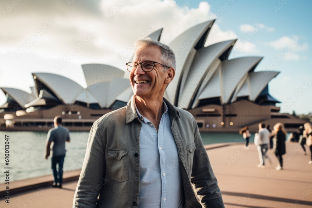 Naklejka premium Portrait of a smiling senior man standing in front of Opera House in Sydney, Australia