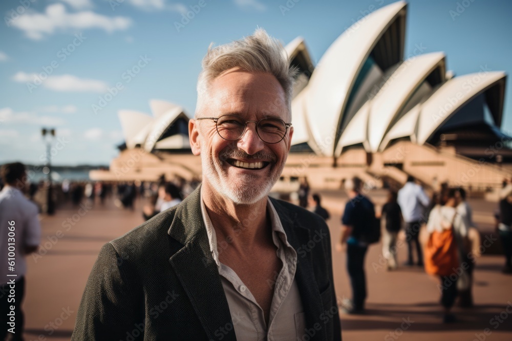 Fototapeta premium Portrait of a handsome middle-aged man with blond hair and eyeglasses in front of the Opera House in Sydney, Australia