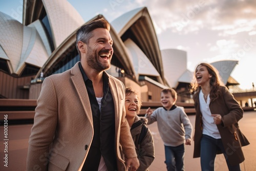 Lifestyle portrait photography of a grinning man in his 40s that is with the family at the Sydney Opera House in Sydney Australia . Generative AI
