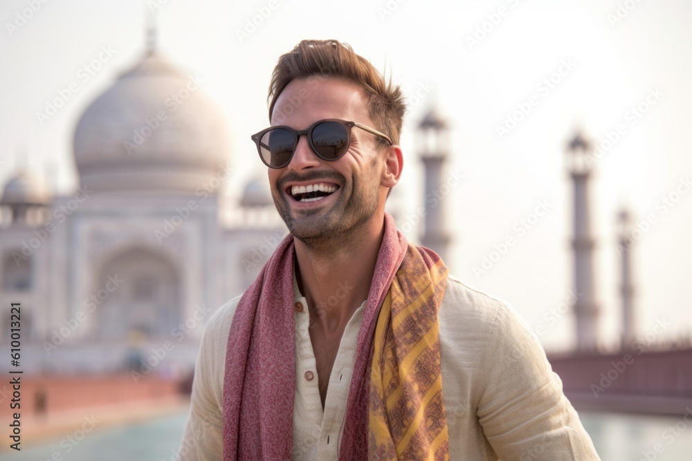 Portrait of a handsome young man with sunglasses and scarf in front of the Taj Mahal in Agra, India Portrait of a handsome young man with sunglasses and scarf in front of the Taj Mahal in Agra, India