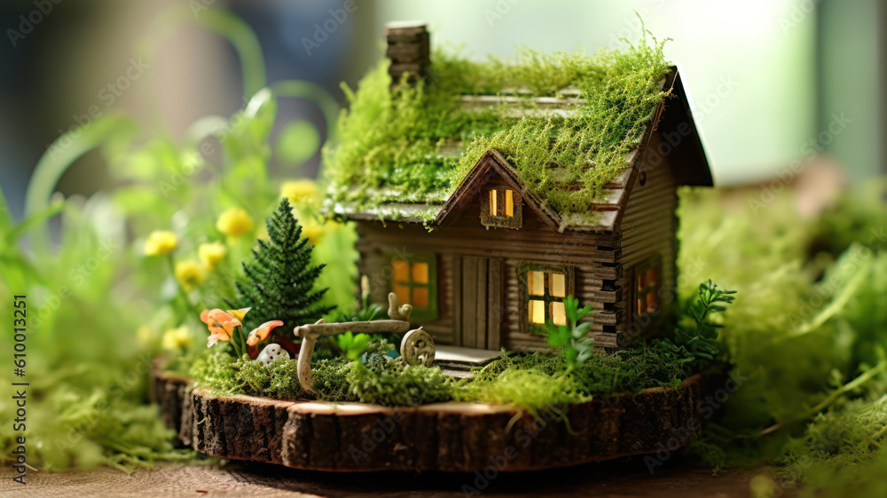 Fototapeta premium Mini Cottage Embraced by Moss and Ferns