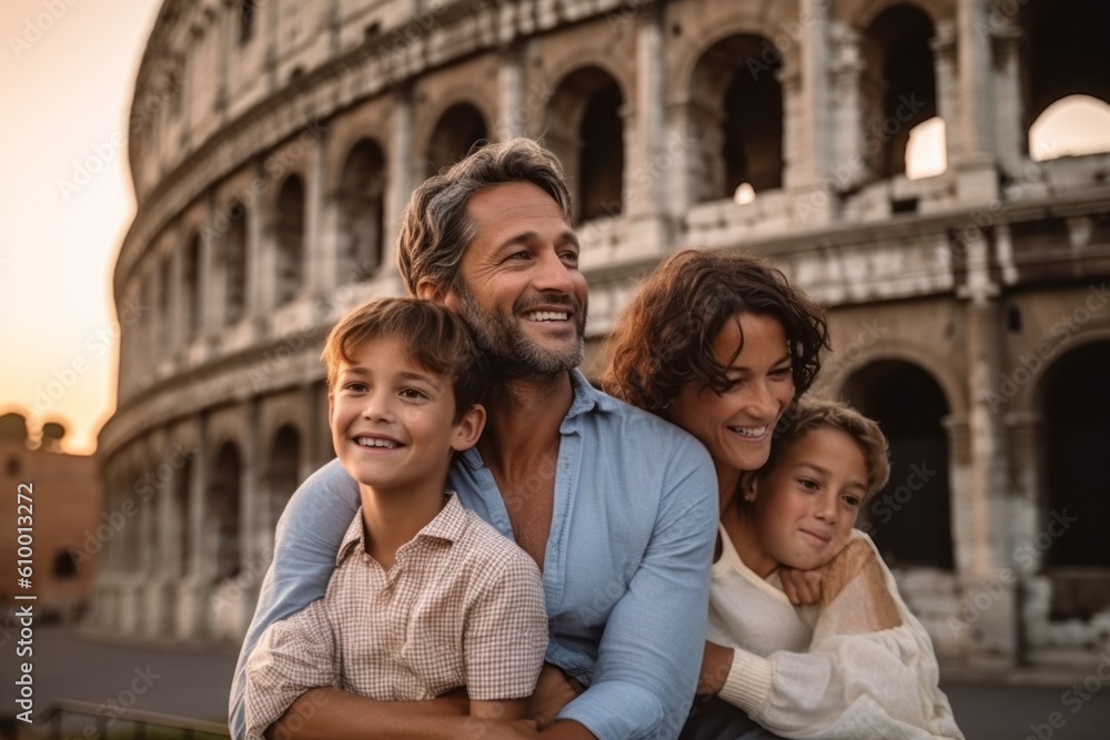 Portrait of happy family standing in front of Colosseum in Rome, Italy