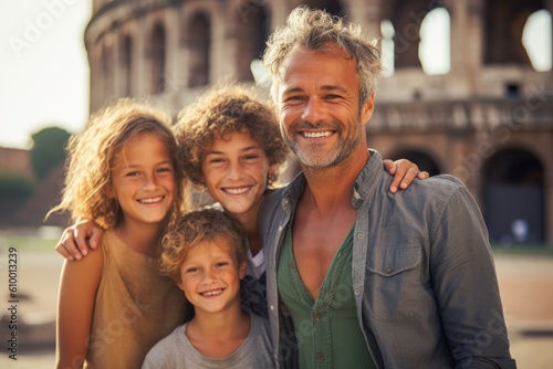 Portrait of happy family standing in front of Colosseum in Rome, Italy