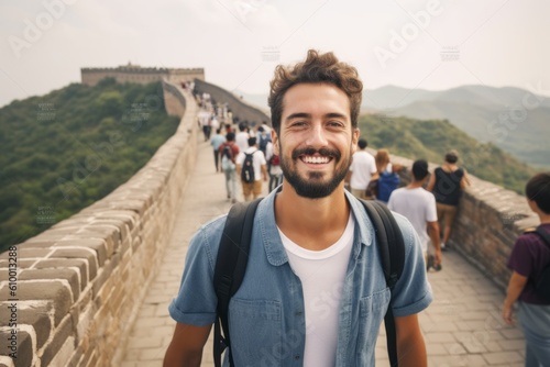 Medium shot portrait photography of a cheerful man in his 30s that is smiling with friends at the Great Wall of China in Beijing China . Generative AI