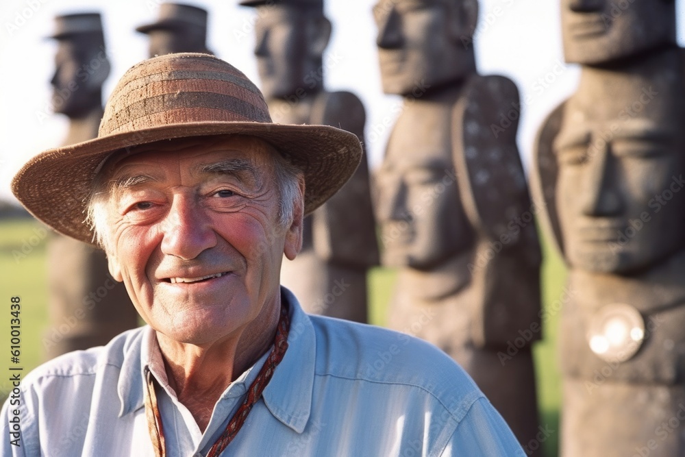 Medium shot portrait photography of a cheerful man in his 70s that is with the family at the Moai Statues of Easter Island Chile . Generative AI Medium shot portrait photography of a cheerful man in his 70s that is with the family at the Moai Statues of Easter Island Chile . Generative AI