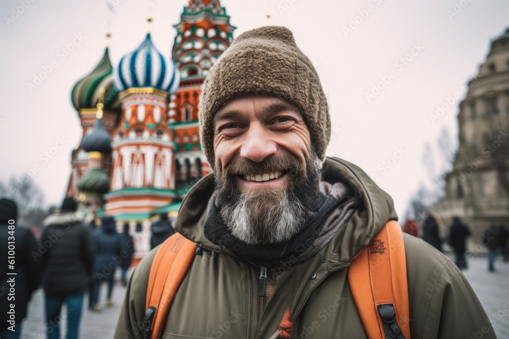 Portrait of a bearded tourist man on the background of St. Basil's Cathedral Portrait of a bearded tourist man on the background of St. Basil's Cathedral