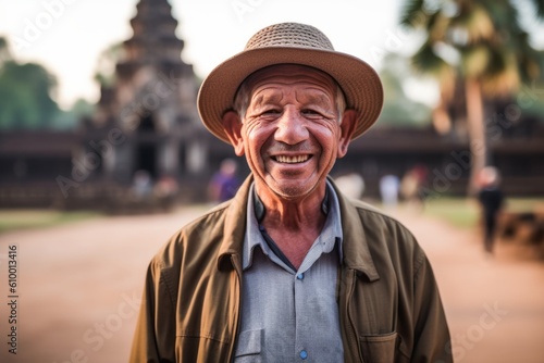 Portrait of happy senior man with hat standing in front of the temple.
