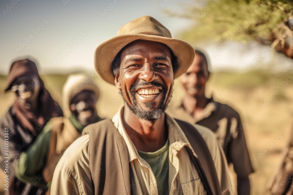 Medium shot portrait photography of a cheerful man in his 40s that is smiling with friends at the Serengeti National Park Tanzania . Generative AI