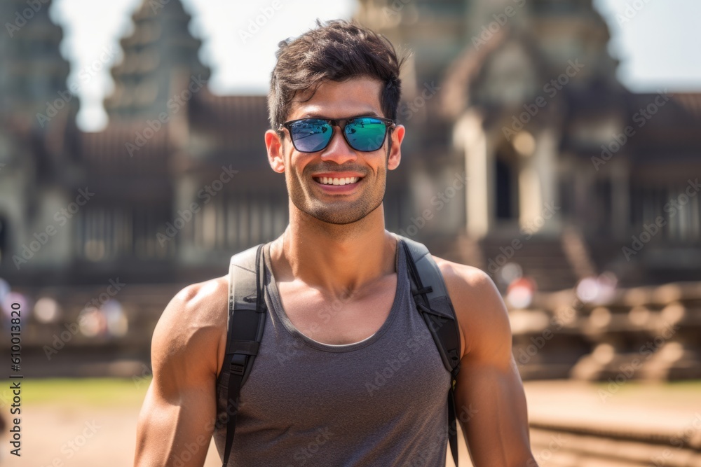 Portrait of handsome young man wearing sunglasses and smiling while standing in front of temple Portrait of handsome young man wearing sunglasses and smiling while standing in front of temple