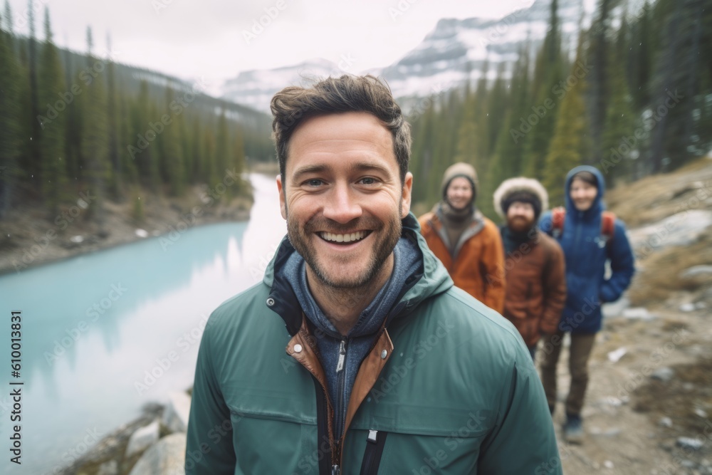 Group of friends hiking in Canadian Rockies. They are looking at camera and smiling.