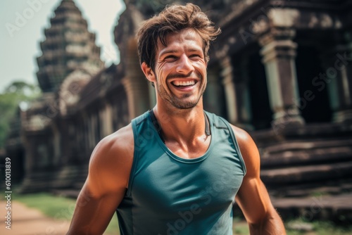 Portrait of a smiling young man in front of Angkor Wat temple in Cambodia