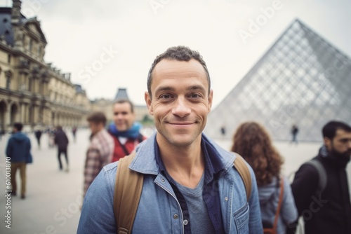 Portrait of smiling young man with backpack standing in front of Notre Dame de Paris