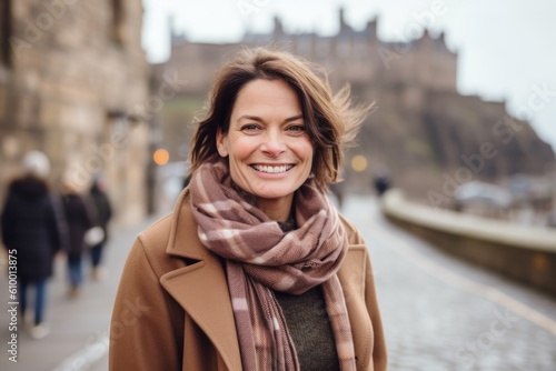 Portrait of smiling middle aged woman in coat and scarf on the street in Edinburgh, Scotland