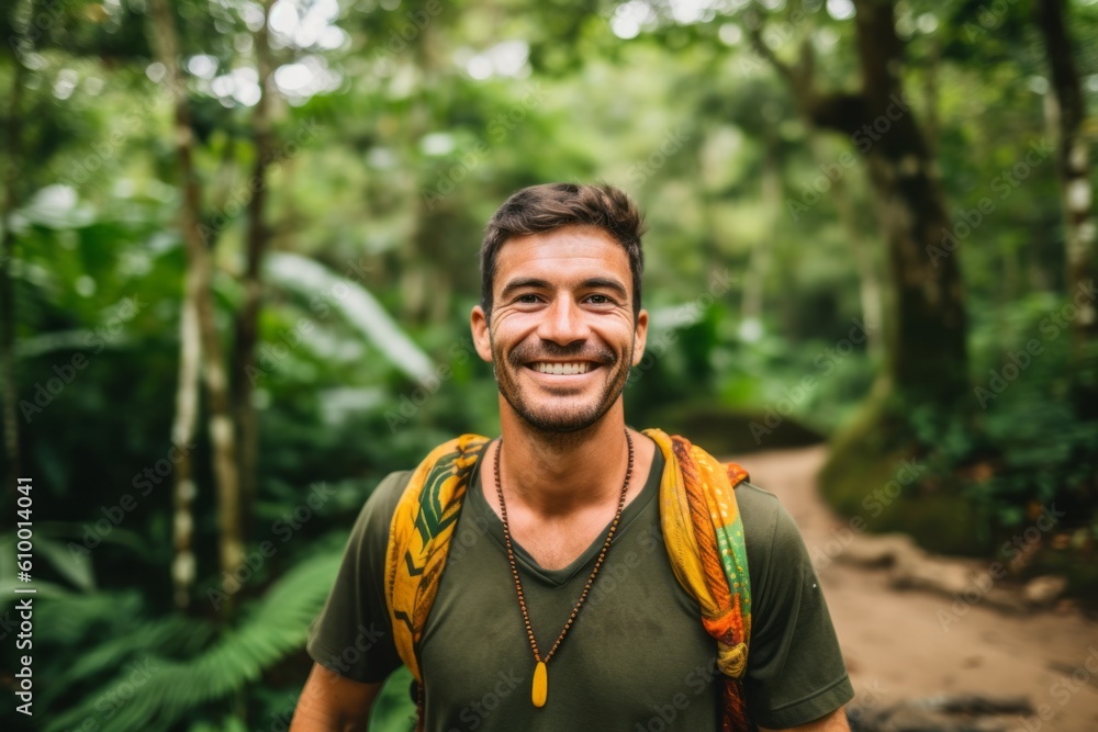 Handsome young man hiking in the tropical forest. Travel and adventure concept. Handsome young man hiking in the tropical forest. Travel and adventure concept.