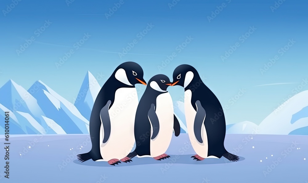Obraz premium three penguins standing next to each other on a snow covered ground with mountains in the background and a blue sky with white clouds above them. generative ai
