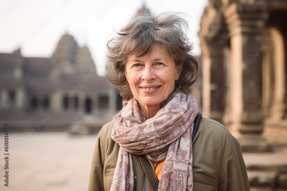 Portrait of smiling senior woman in front of Angkor Wat, Siem Reap, Cambodia Portrait of smiling senior woman in front of Angkor Wat, Siem Reap, Cambodia